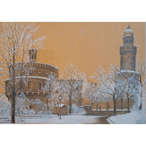 Mieczysław Mróz, Barbakan Kaisertrutz, rysunek sepią, wym. 24,5x34,5 cm.