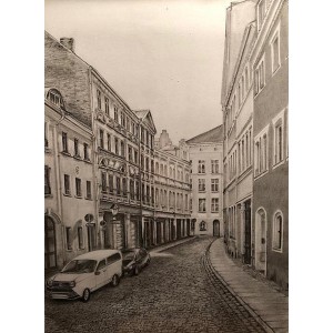 Mieczysław Mróz, Uliczka staromiejska, rysunek ołówkiem, wym. 35x25 cm